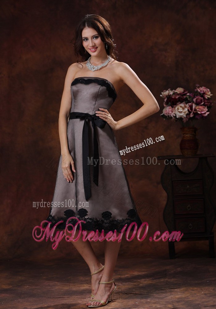 Tea-length Mother Of The Bride Dress with Black Sash and Lace Hem