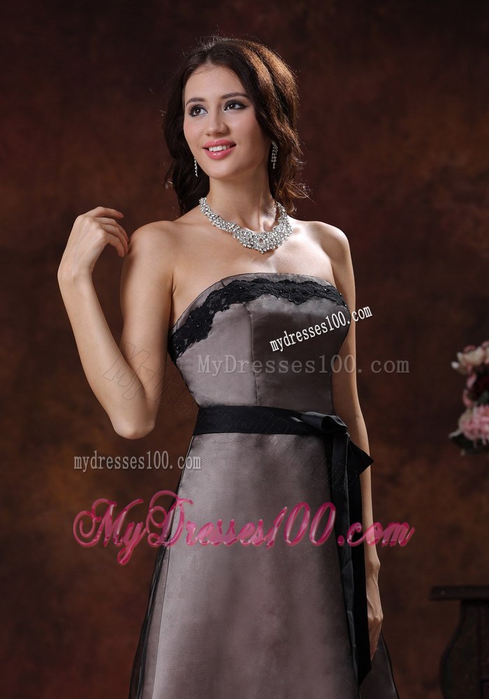 Tea-length Mother Of The Bride Dress with Black Sash and Lace Hem
