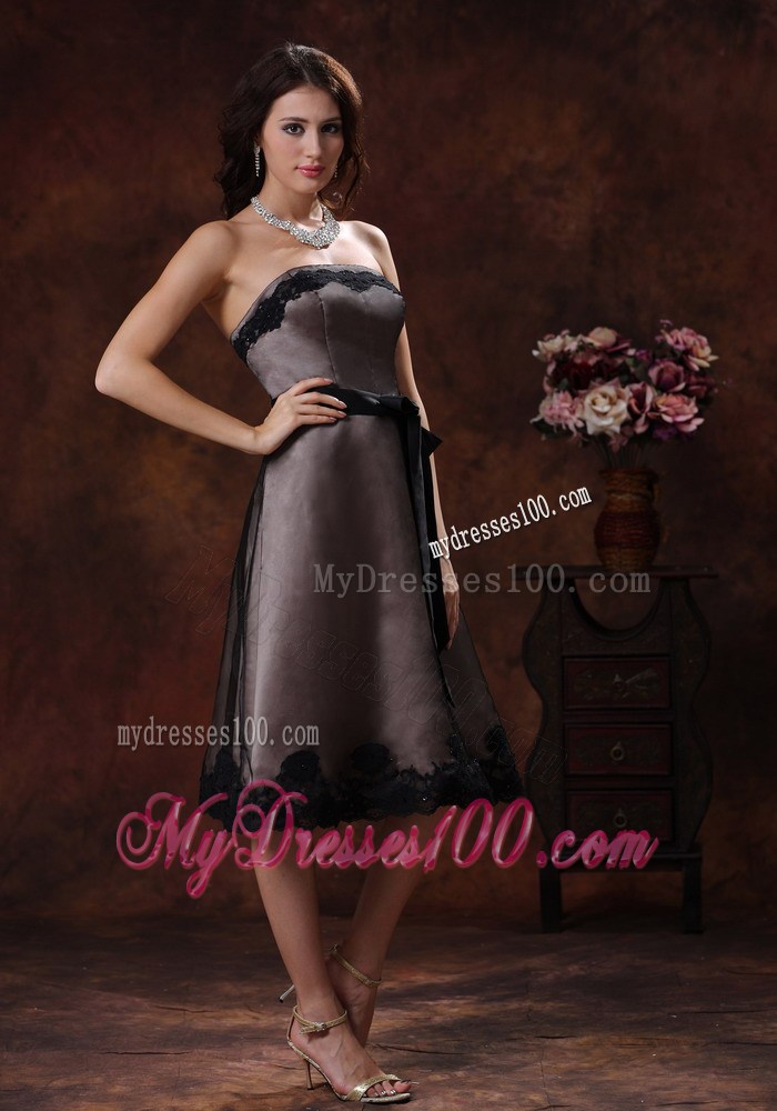 Tea-length Mother Of The Bride Dress with Black Sash and Lace Hem