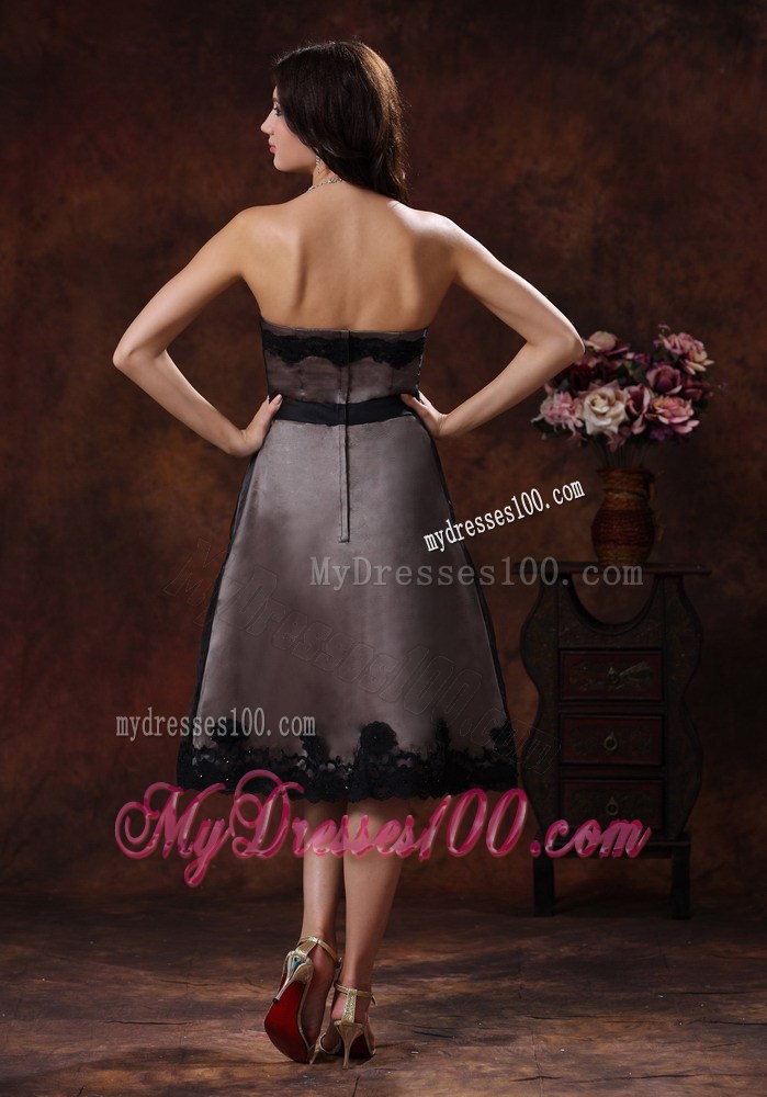 Tea-length Mother Of The Bride Dress with Black Sash and Lace Hem