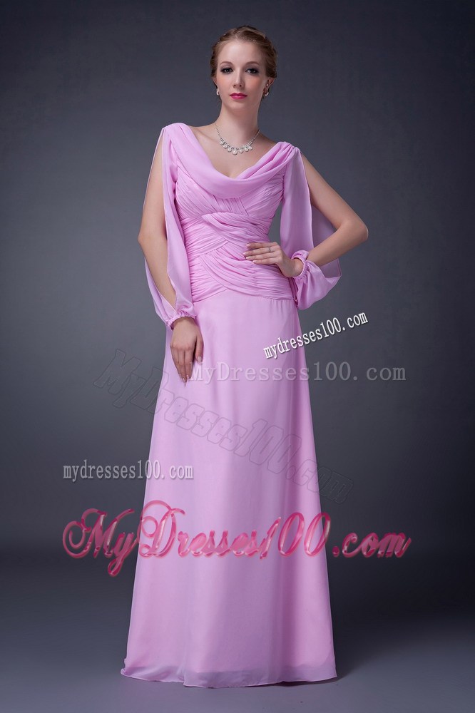 Pink Empire V-neck Ruching Mother of Bride Dress with Cutout Sleeves