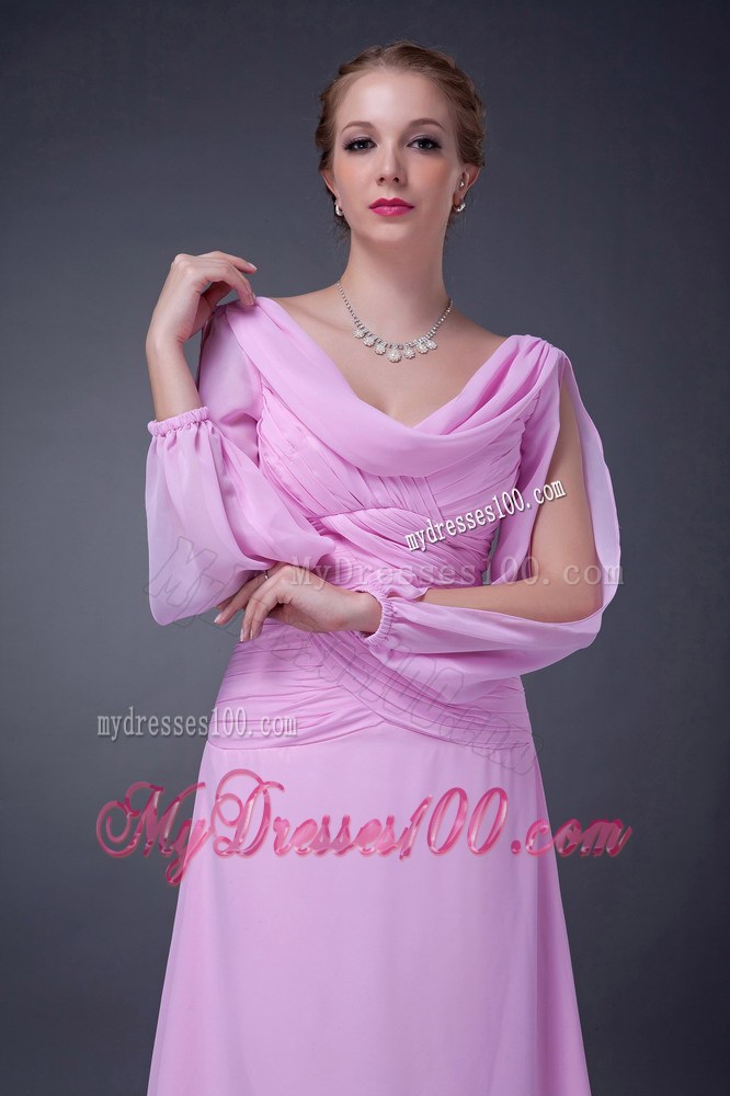 Pink Empire V-neck Ruching Mother of Bride Dress with Cutout Sleeves