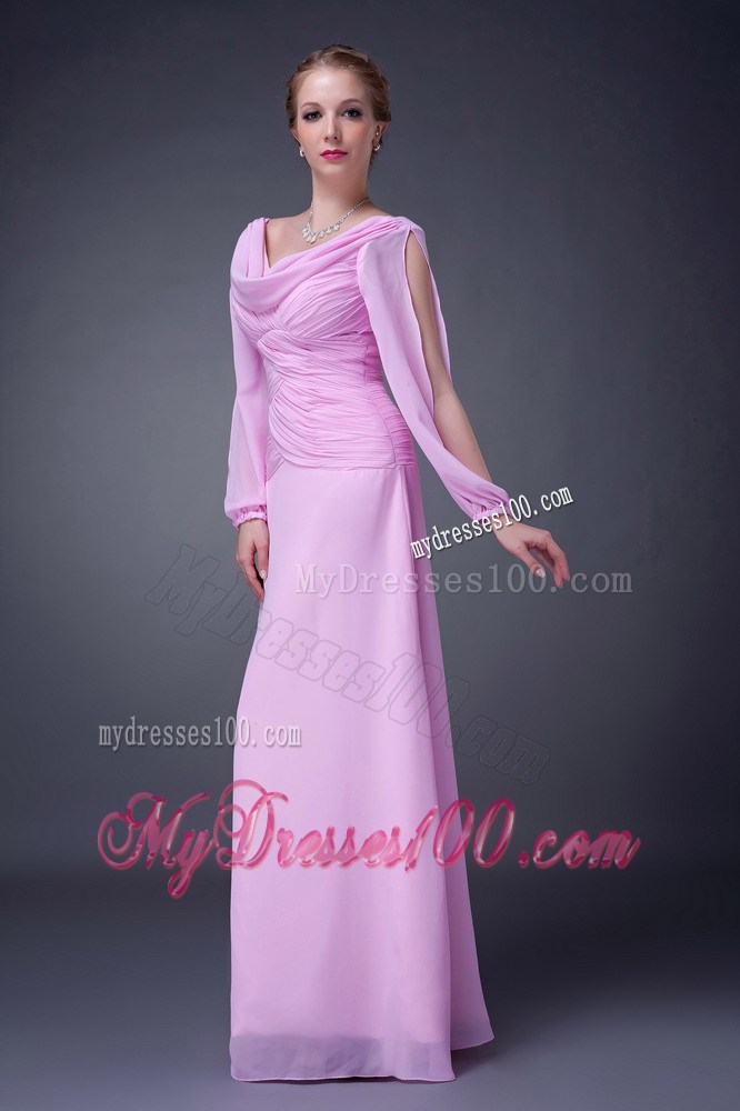 Pink Empire V-neck Ruching Mother of Bride Dress with Cutout Sleeves