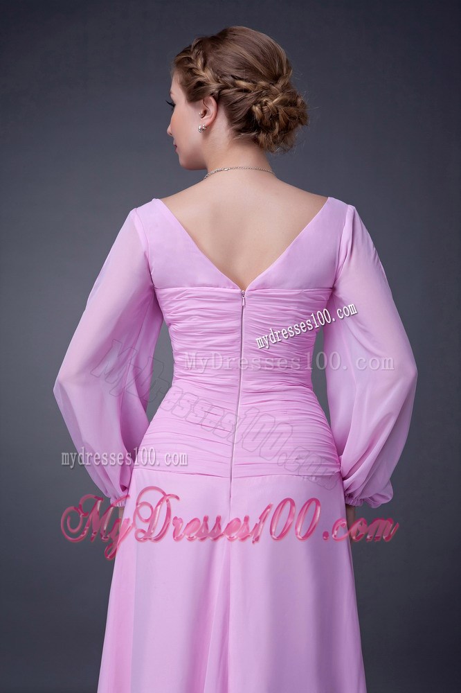 Pink Empire V-neck Ruching Mother of Bride Dress with Cutout Sleeves