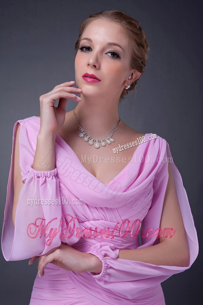 Pink Empire V-neck Ruching Mother of Bride Dress with Cutout Sleeves