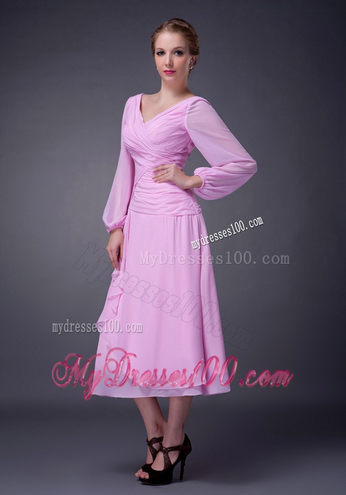 Pink Empire V-neck Tea-length Ruching Mother of the Bride Dress
