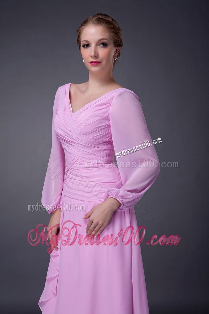 Pink Empire V-neck Tea-length Ruching Mother of the Bride Dress