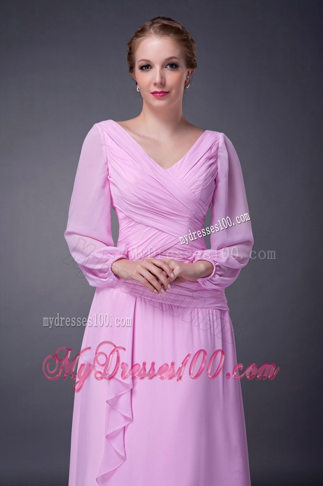 Pink Empire V-neck Tea-length Ruching Mother of the Bride Dress