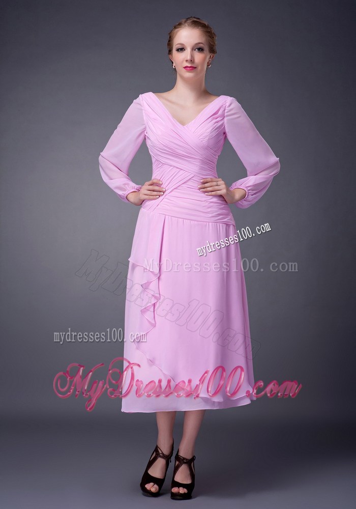 Pink Empire V-neck Tea-length Ruching Mother of the Bride Dress