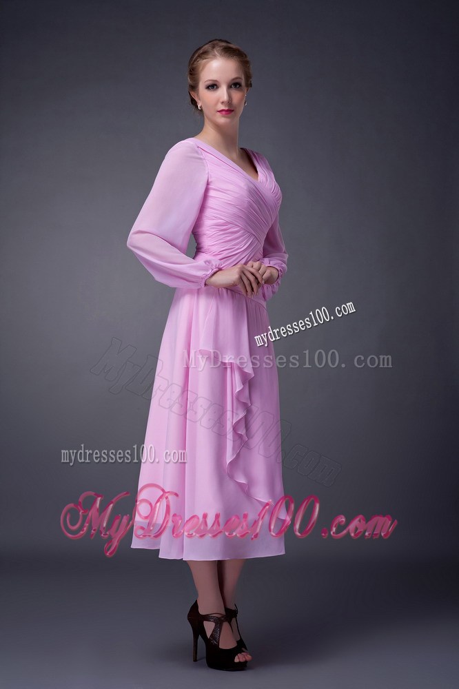 Pink Empire V-neck Tea-length Ruching Mother of the Bride Dress