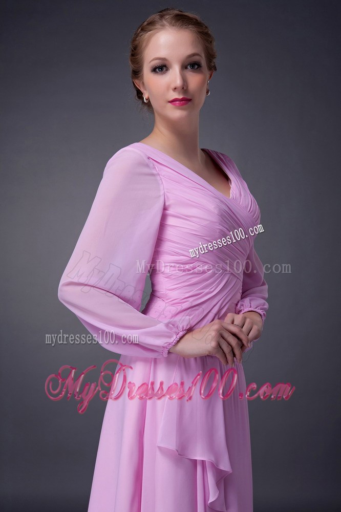 Pink Empire V-neck Tea-length Ruching Mother of the Bride Dress