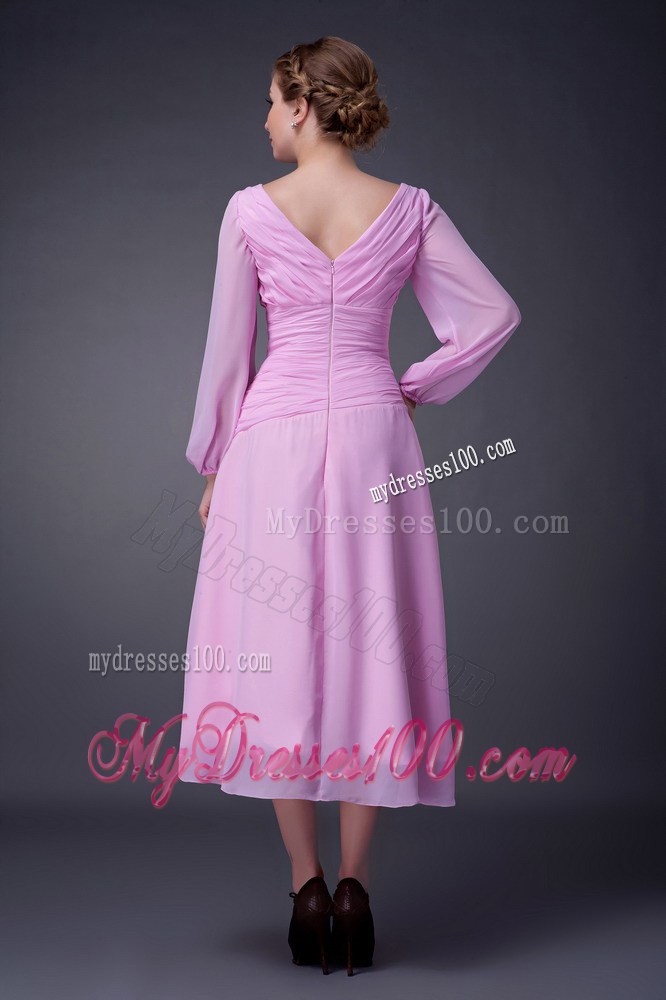 Pink Empire V-neck Tea-length Ruching Mother of the Bride Dress