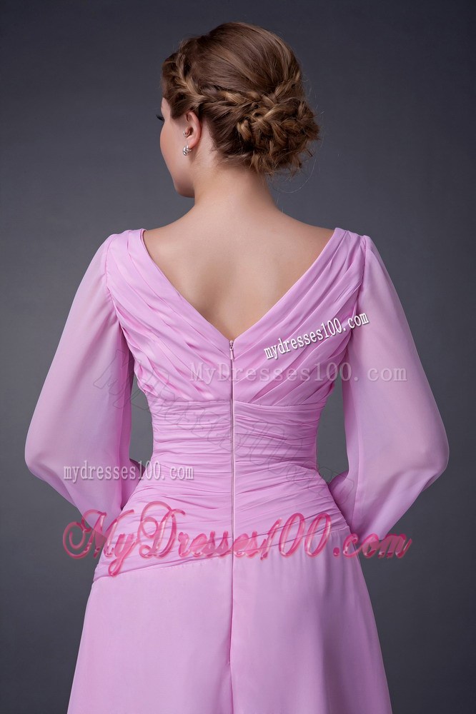 Pink Empire V-neck Tea-length Ruching Mother of the Bride Dress