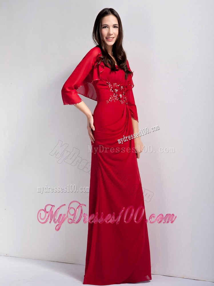 Red Column Strapless Floor-length Chiffon Beading Mother Dress