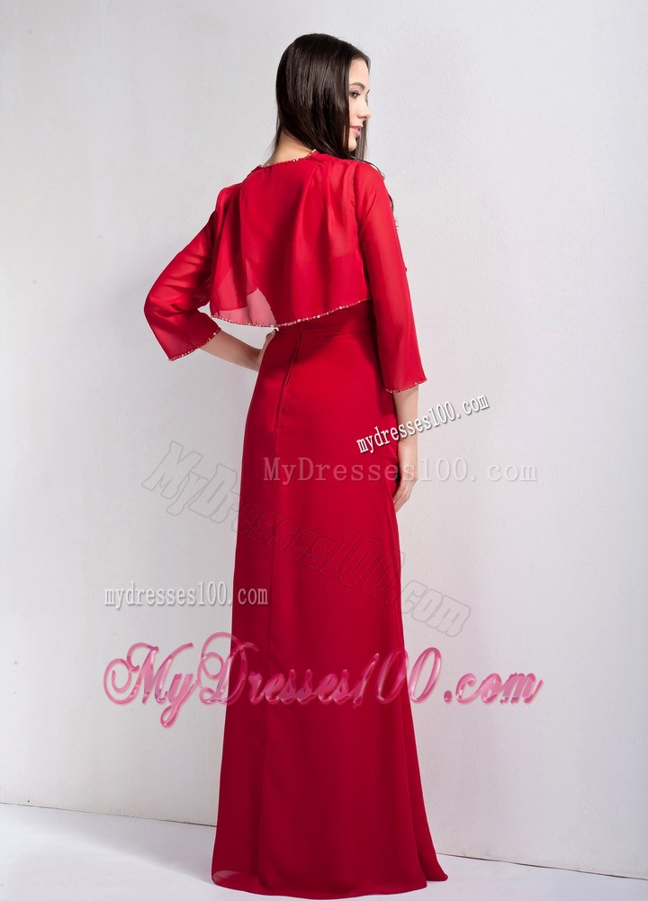 Red Column Strapless Floor-length Chiffon Beading Mother Dress