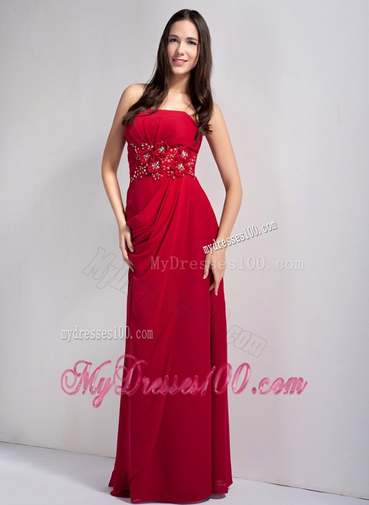 Red Column Strapless Floor-length Chiffon Beading Mother Dress