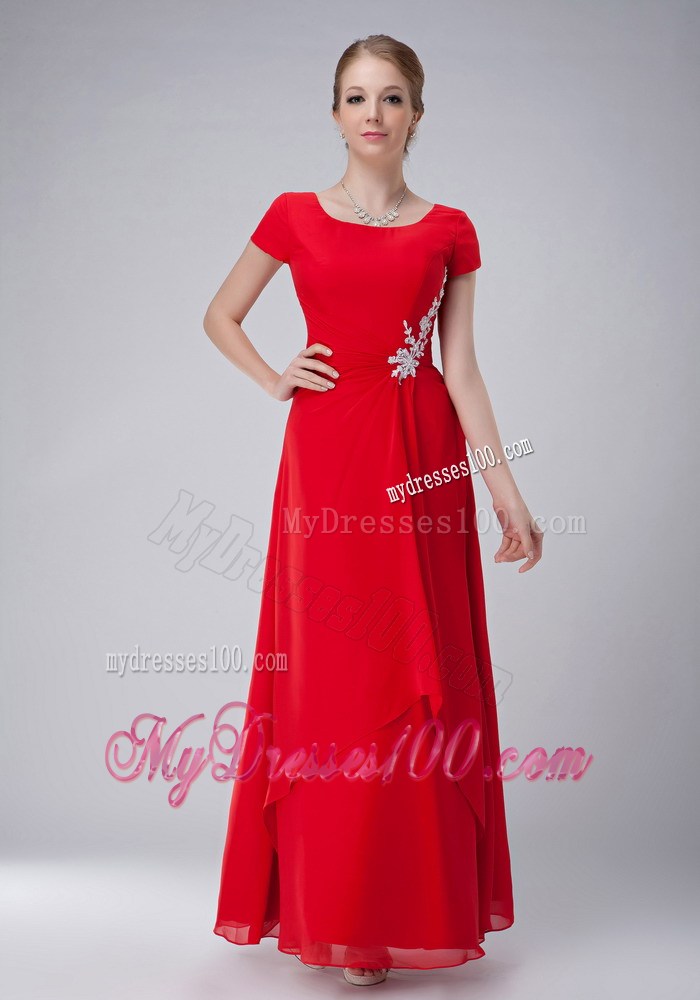 Red Empire Scoop Ankle-length Appliques Mother of the Bride Dress