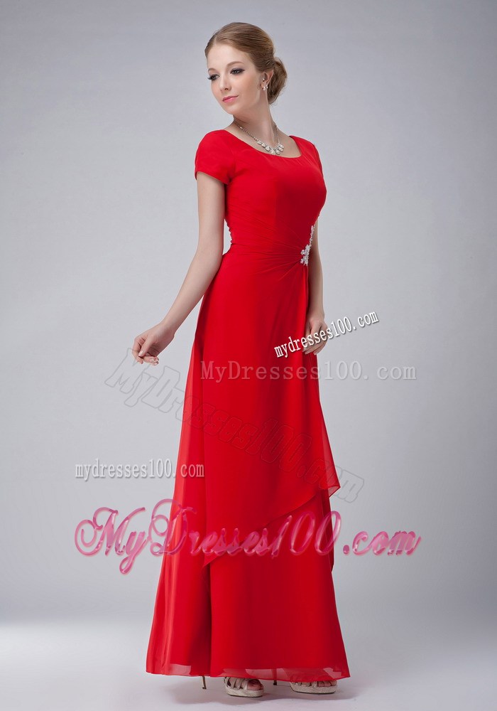 Red Empire Scoop Ankle-length Appliques Mother of the Bride Dress