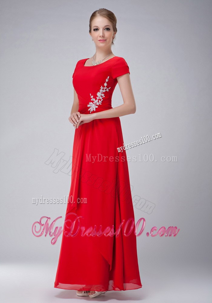 Red Empire Scoop Ankle-length Appliques Mother of the Bride Dress