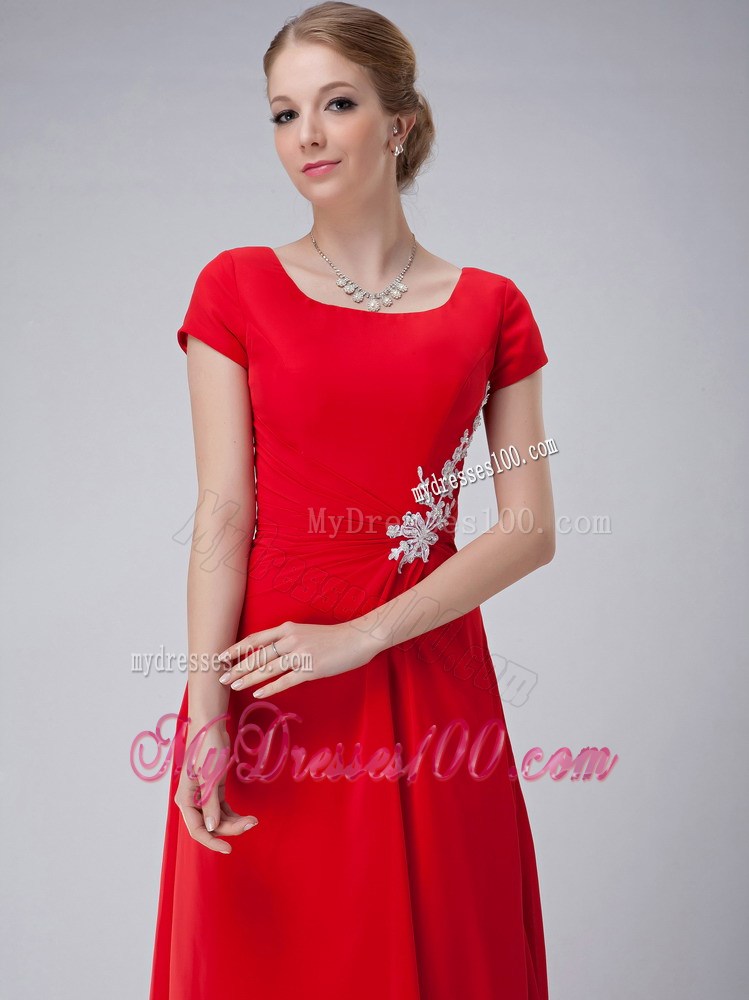 Red Empire Scoop Ankle-length Appliques Mother of the Bride Dress