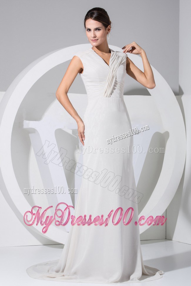 Simple Grey Chiffon Brush Train V-neck 2013 Mother of the Bride Dress