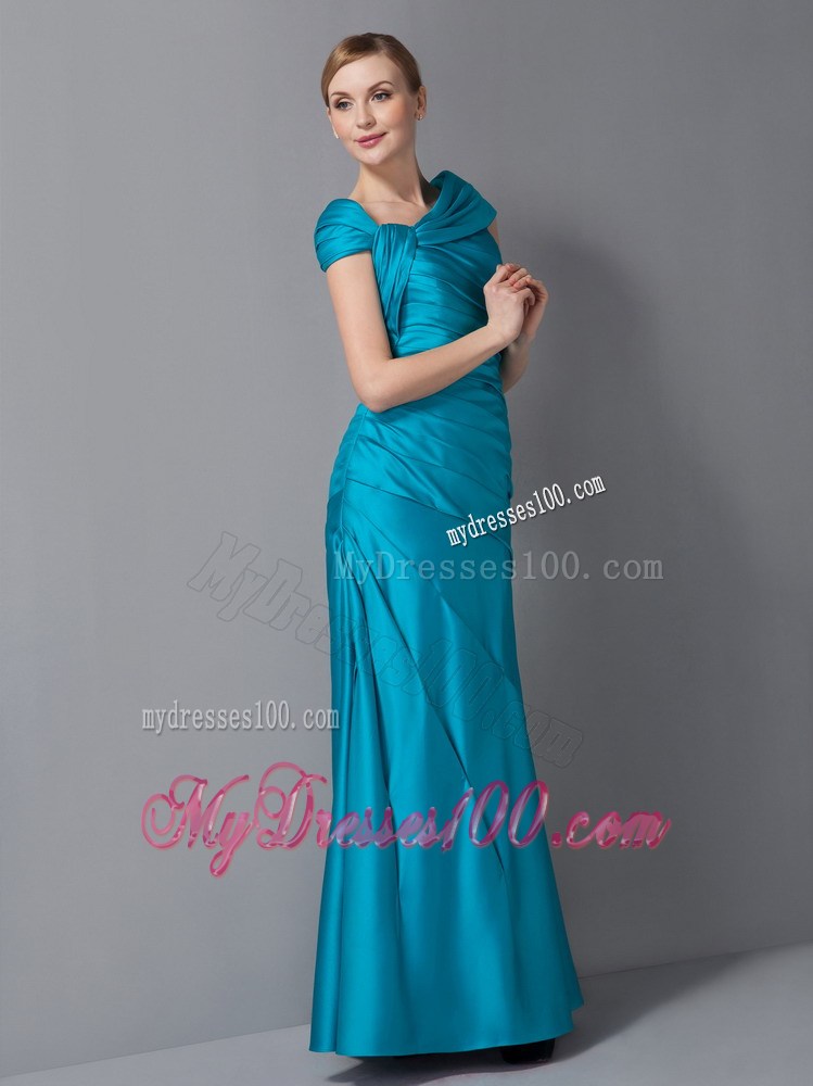 Teal Column Asymmetrical Ankle-length Ruche Mother Dress