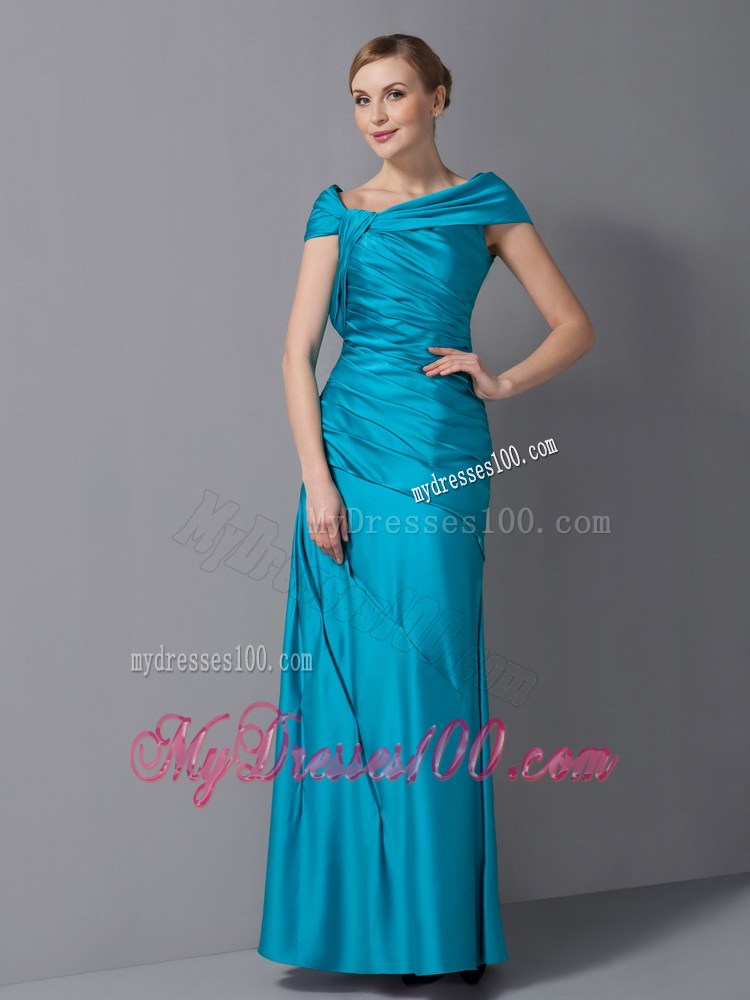 Teal Column Asymmetrical Ankle-length Ruche Mother Dress