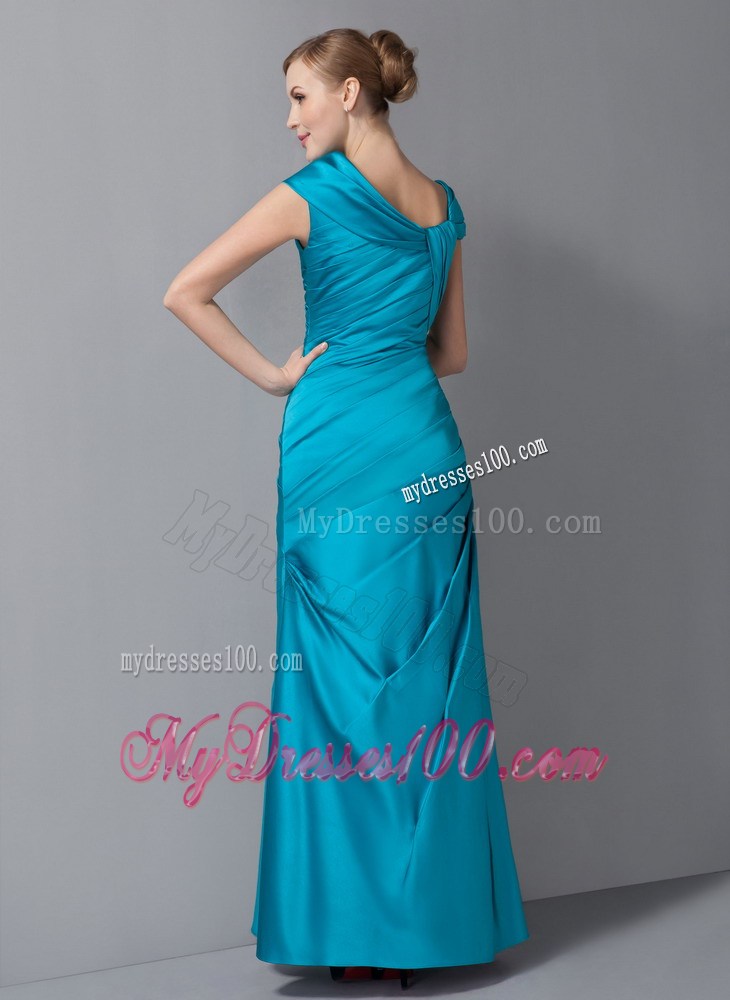 Teal Column Asymmetrical Ankle-length Ruche Mother Dress