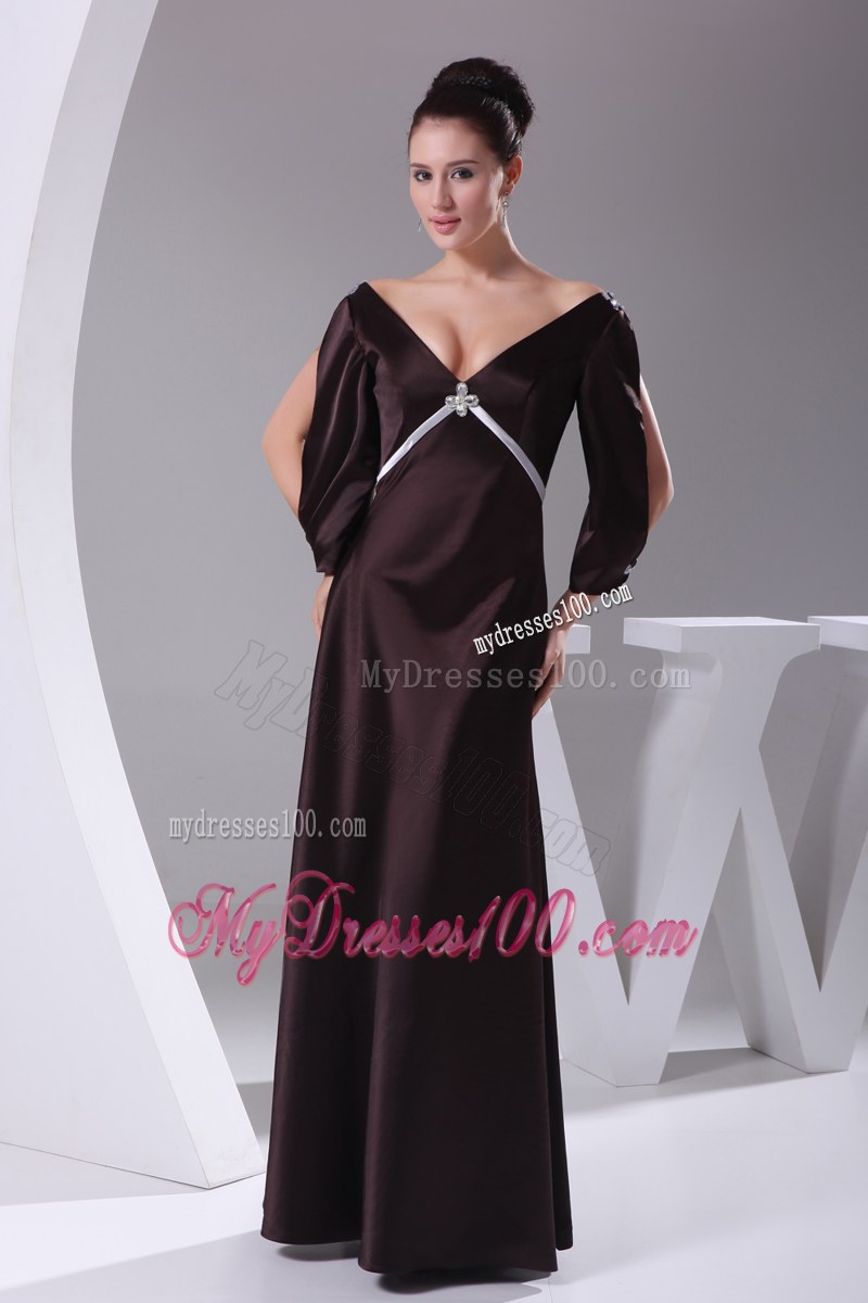 V-neck 3 4 Open Sleeves Diamond Decorate Mother Of Groom Dress