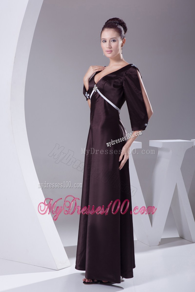 V-neck 3 4 Open Sleeves Diamond Decorate Mother Of Groom Dress