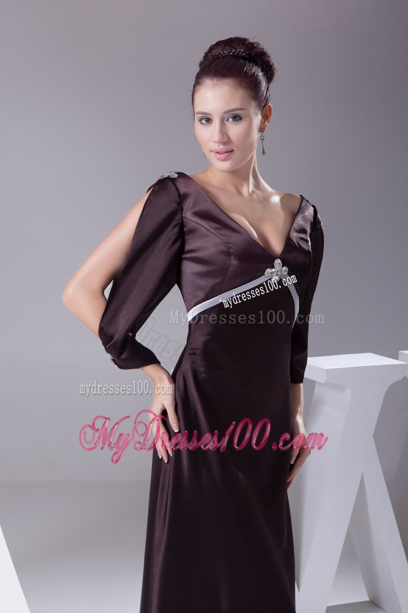 V-neck 3 4 Open Sleeves Diamond Decorate Mother Of Groom Dress