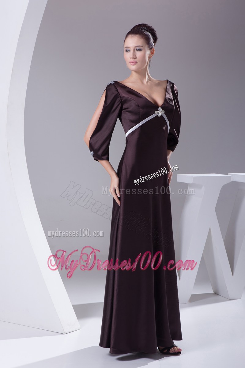 V-neck 3 4 Open Sleeves Diamond Decorate Mother Of Groom Dress