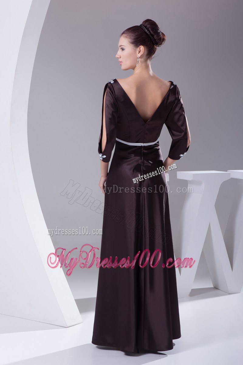 V-neck 3 4 Open Sleeves Diamond Decorate Mother Of Groom Dress