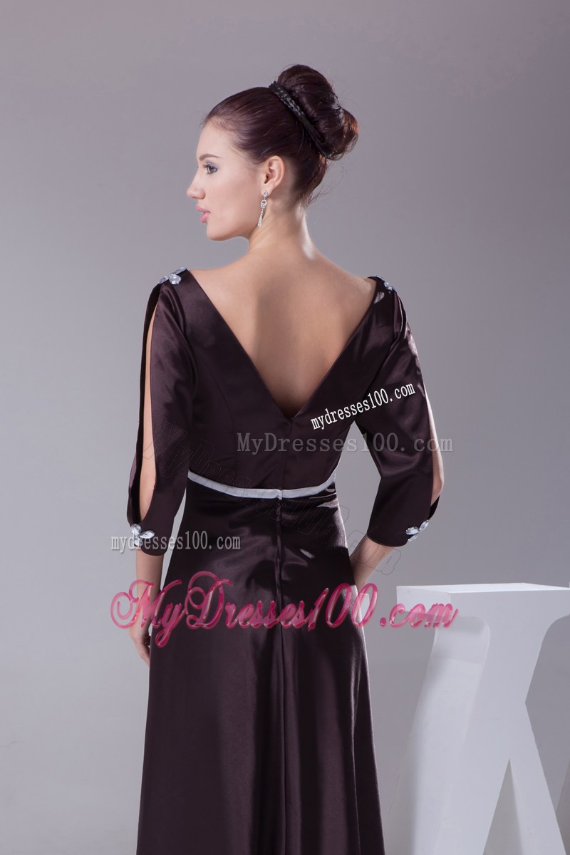 V-neck 3 4 Open Sleeves Diamond Decorate Mother Of Groom Dress