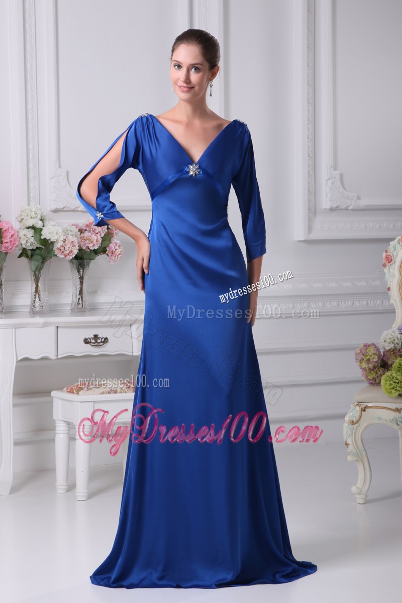 Royal Blue Open Sleeves V-neck Mothers Dresses with Open Back