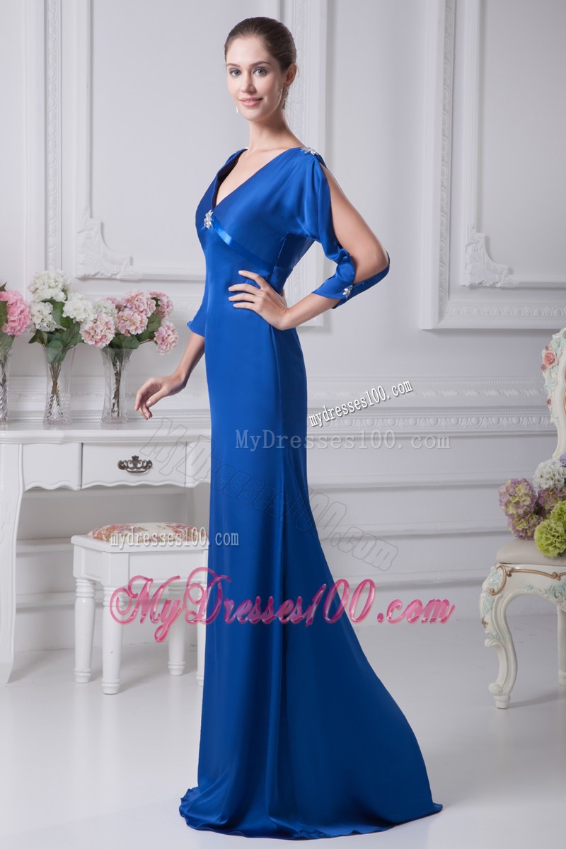 Royal Blue Open Sleeves V-neck Mothers Dresses with Open Back