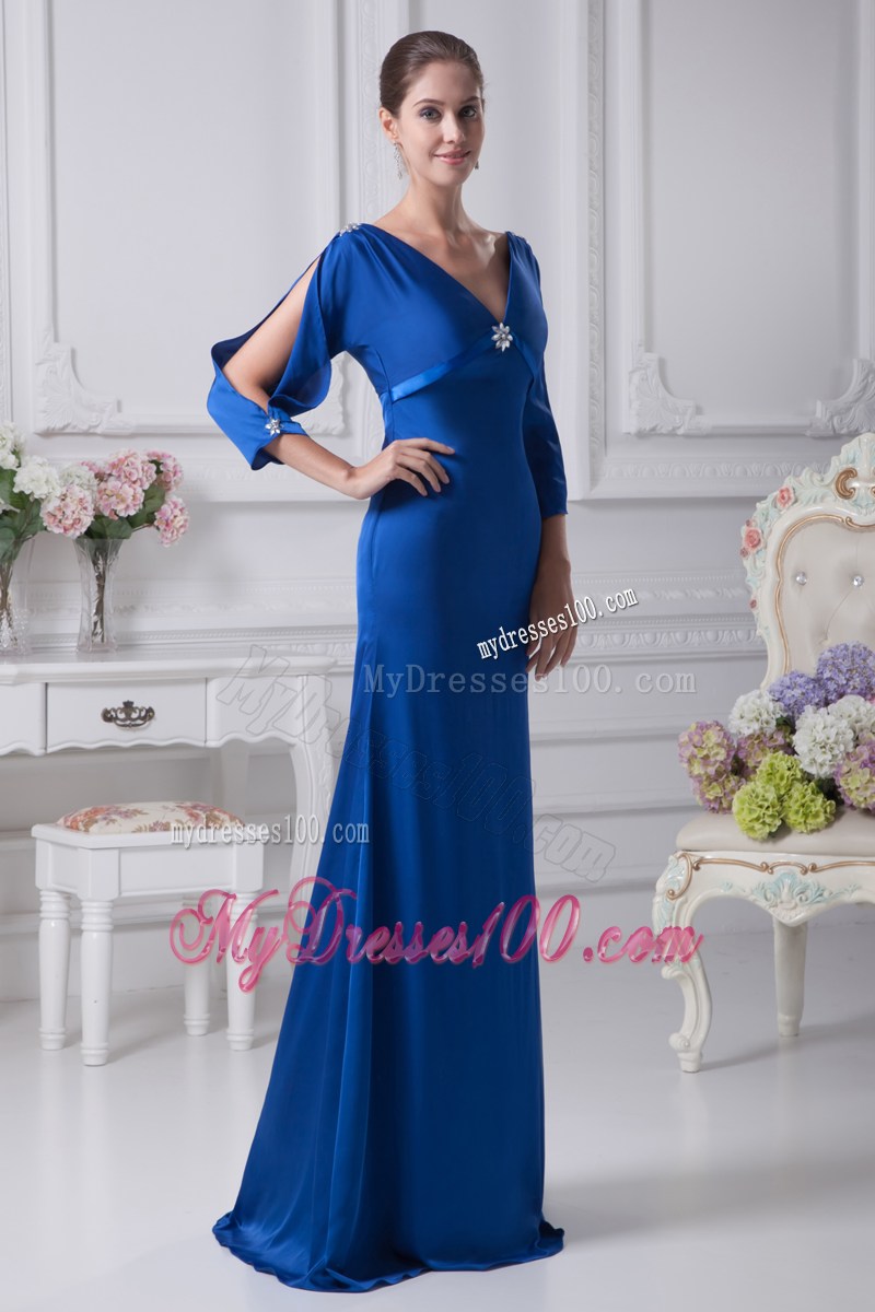 Royal Blue Open Sleeves V-neck Mothers Dresses with Open Back