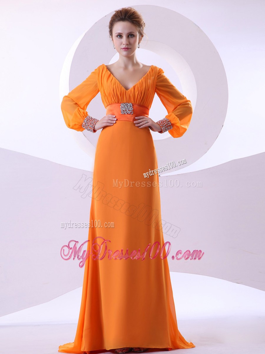 V-neck Beading and Ruching Long Sleeves Orange Brush Mother Dress