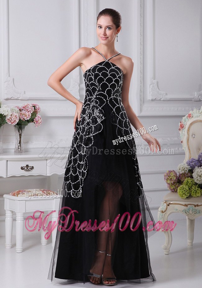 V-neck Black Beaded Decorate Shoulder Tulle Mother Of The Bride Dress