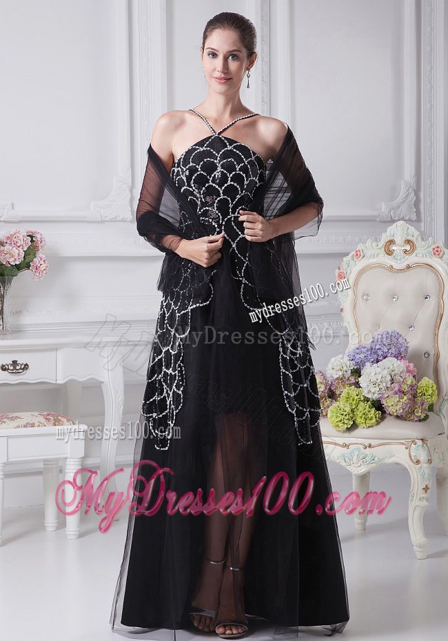 V-neck Black Beaded Decorate Shoulder Tulle Mother Of The Bride Dress