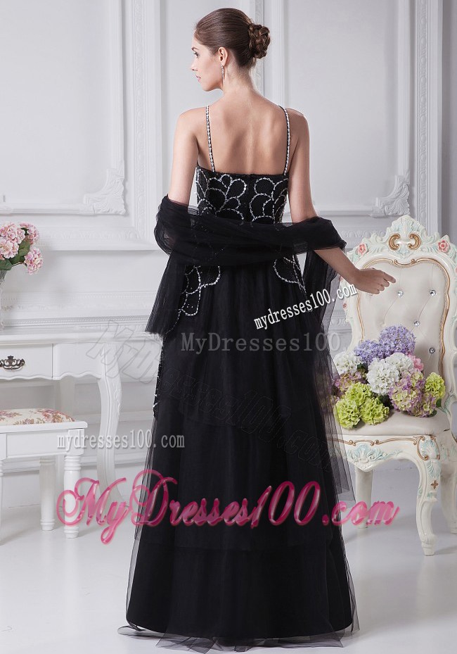 V-neck Black Beaded Decorate Shoulder Tulle Mother Of The Bride Dress