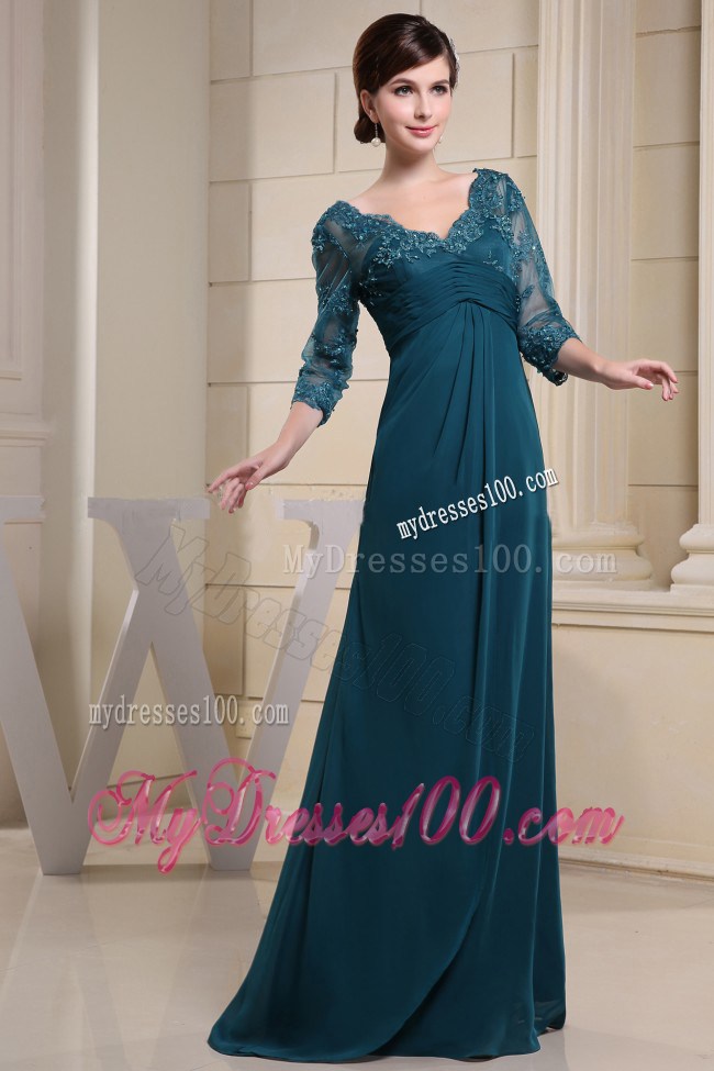 V-neck and 3/4 Sleeves For Mother Of The Bride Dress With Lace