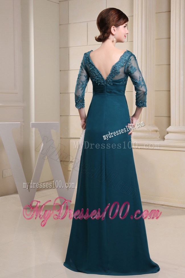 V-neck and 3/4 Sleeves For Mother Of The Bride Dress With Lace
