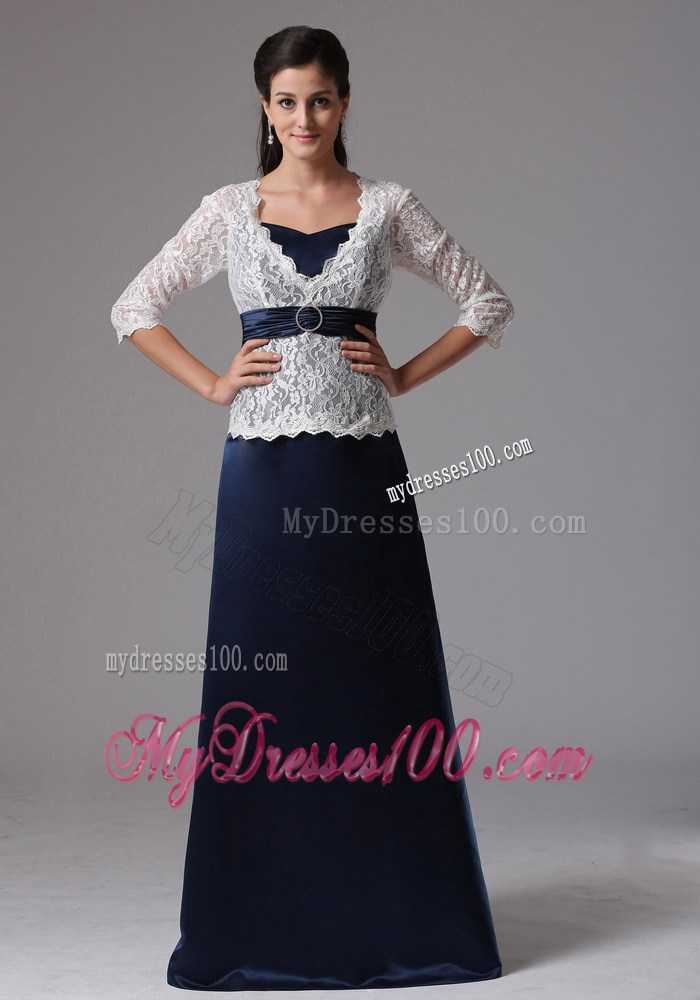 Navy Blue Mother Of The Bride Dress with White Lace Covered Top
