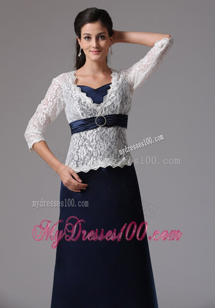 Navy Blue Mother Of The Bride Dress with White Lace Covered Top