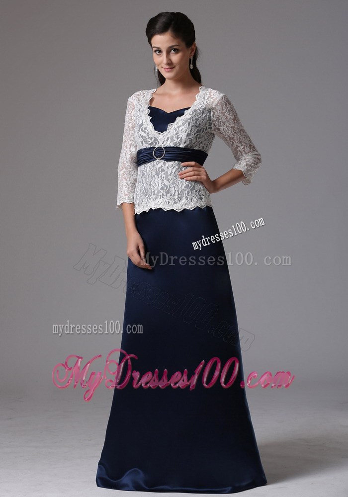 Navy Blue Mother Of The Bride Dress with White Lace Covered Top