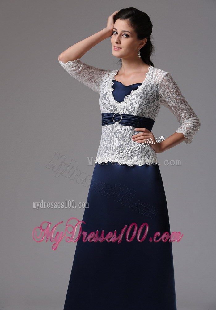 Navy Blue Mother Of The Bride Dress with White Lace Covered Top