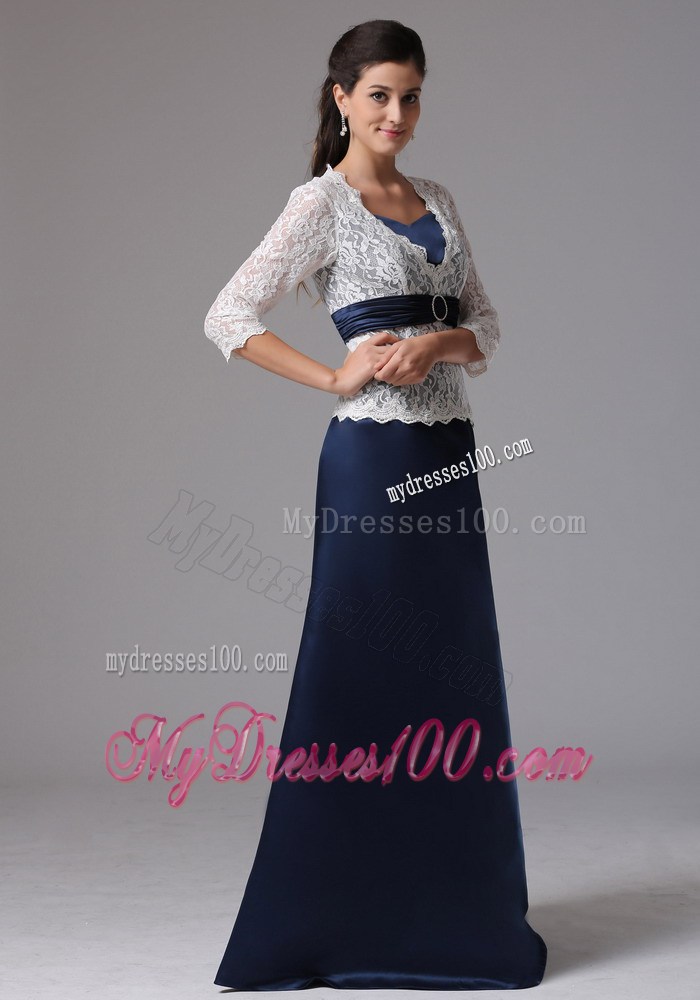 Navy Blue Mother Of The Bride Dress with White Lace Covered Top