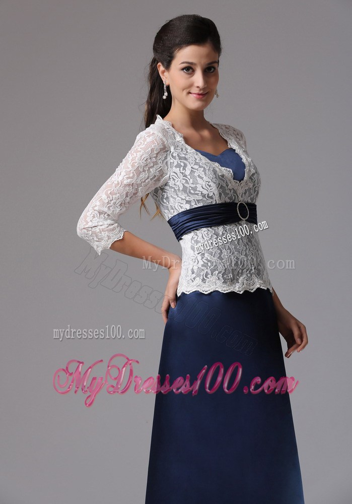 Navy Blue Mother Of The Bride Dress with White Lace Covered Top