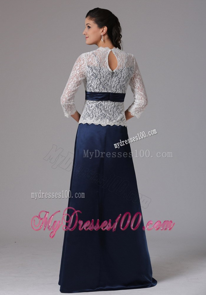 Navy Blue Mother Of The Bride Dress with White Lace Covered Top